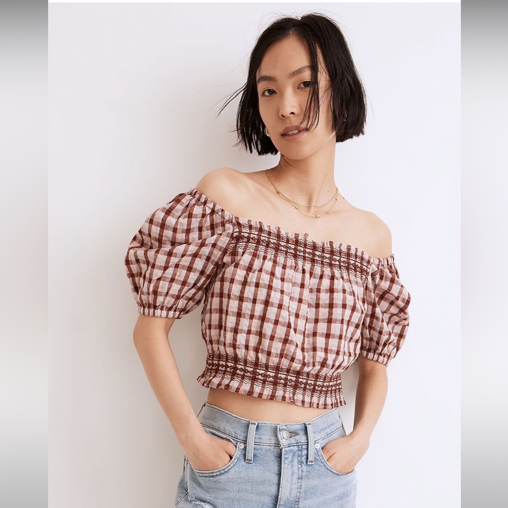 NWT Madewell Seersucker Jeanette Top in Plaid - Medium - Maroon - Ivory - Picture 3 of 7
